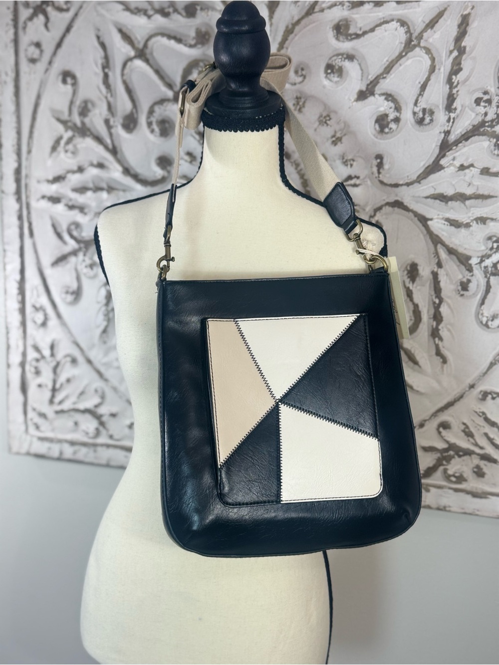 Simply Noelle Black Patchwork Shoulder Bag with Cream and Tan Panels